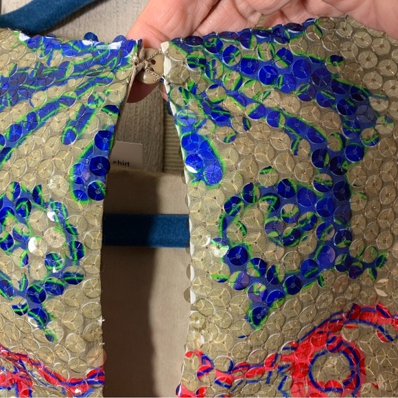 Sequin Shirt Blouse Tan Red Blue Baroque Sz 40 Short Sleeve Crew Party Event Top - Picture 6 of 16